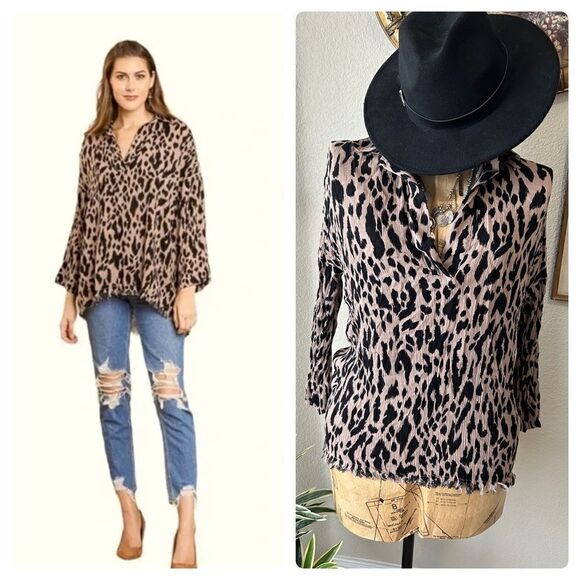 Umgee Leopard Tan Black Animal Print Long Sleeve V-Neck Tunic Blouse Raw Hem S - Picture 1 of 10
